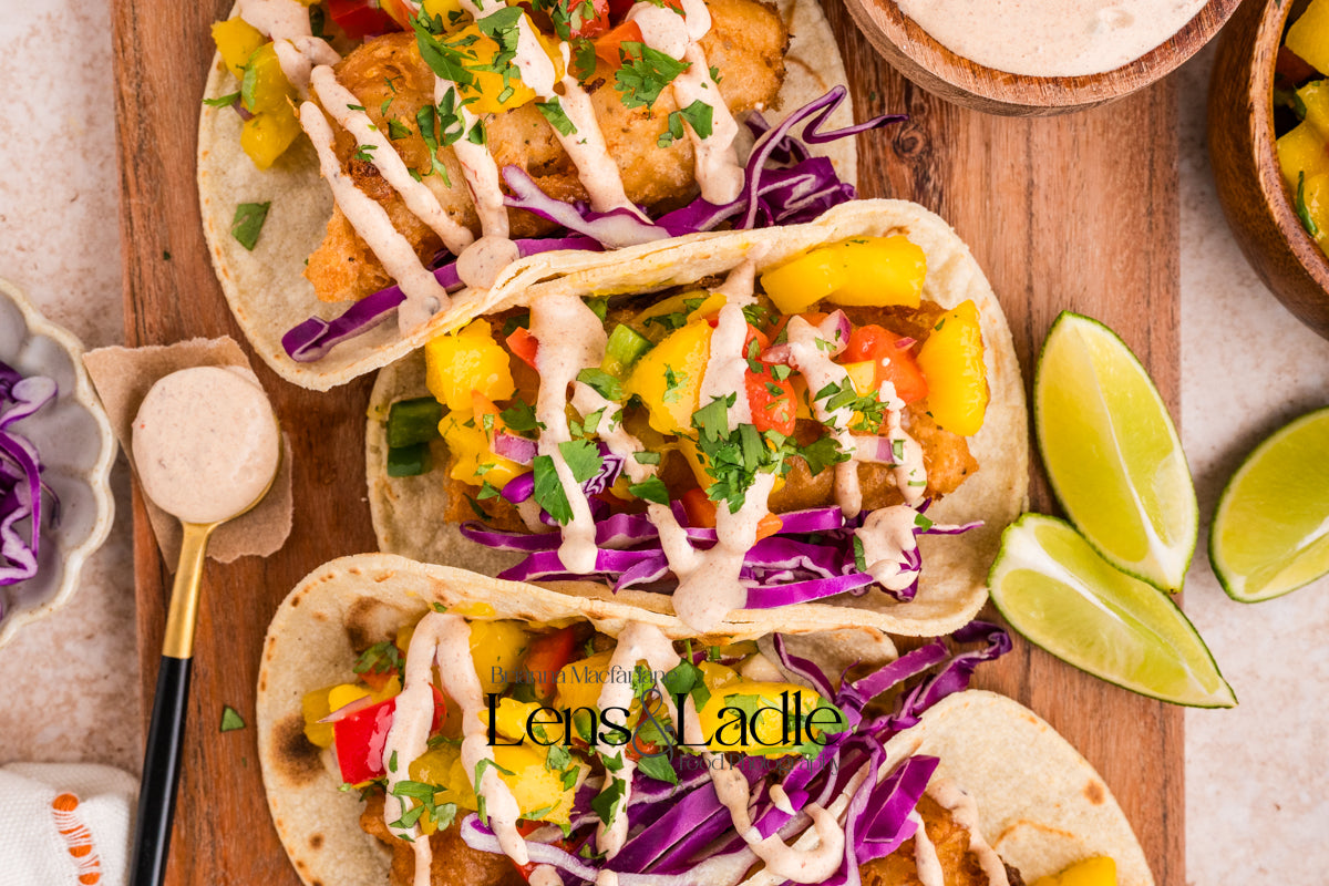 Beer-Battered Fish Tacos (with chipotle crema) and Mango Salsa- 2 exclusive recipes set